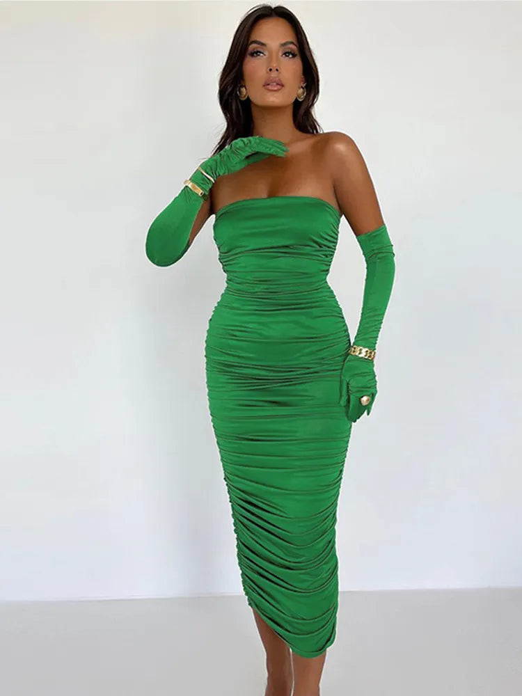 robe-bandeau-longue-moulante-froncee-avec-gants-vert