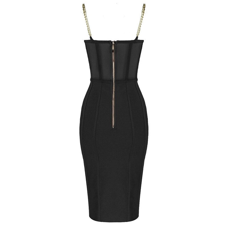 Robe bandage femme noire avec détails bretelles chaines dorées 