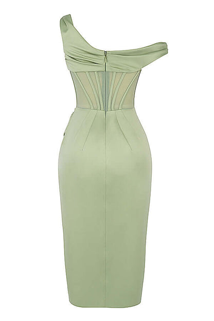 Robe femme en satin verte menthe asymétrique