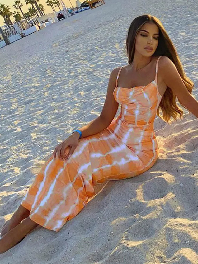 Robe d'été pour femme couleur orange et blanche à fine bretelles 