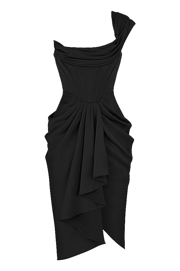 Robe femme en satin noir asymétrique